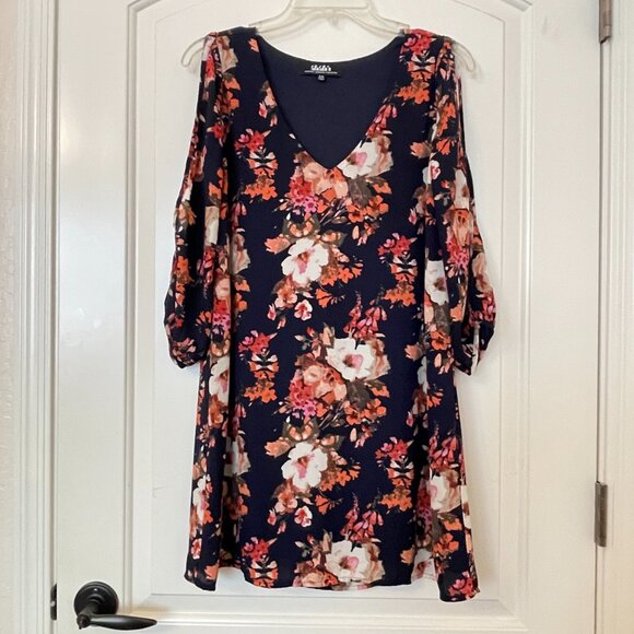 New Lulus Dress Shifting Dears XS Blue Pink Multi Floral Cold Shoulder - Picture 7 of 7
